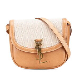 Saint Laurent YSL Logo Kaia Shoulder Bag Beige Pink Tan Brown Canvas Leather